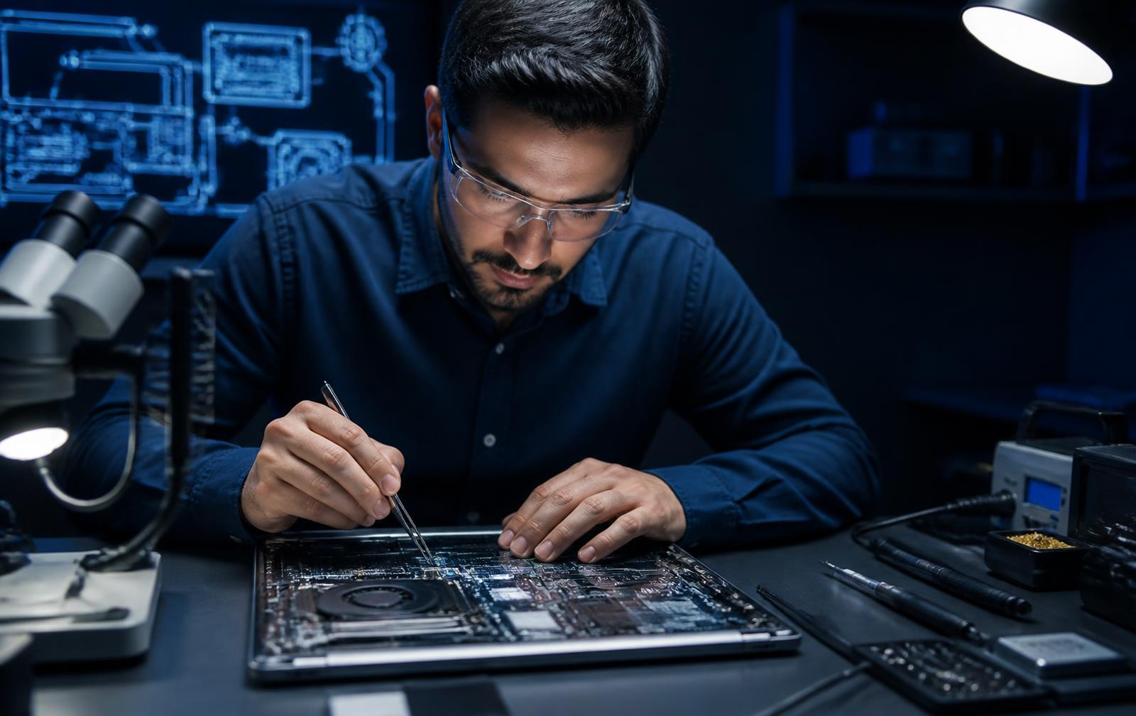 Técnico realizando manutenção na placa de um notebook em bancada profissional